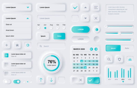 User interface elements for finance mobile app. Financial analytics, time management and planning gui templates. Unique neumorphic ui ux design kit. Manage, navigation, search form and components.
